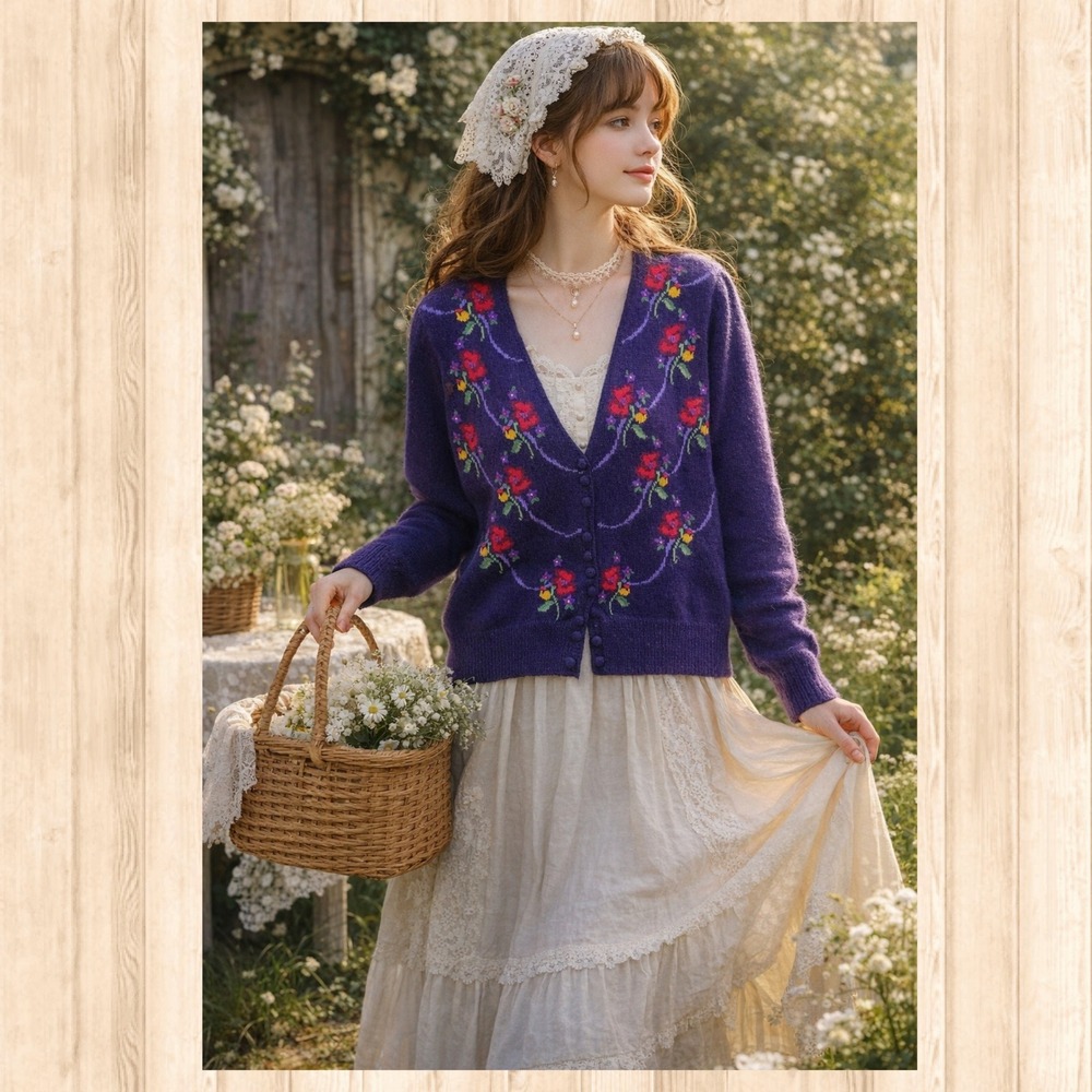 Vintage Susan Bristol wool hand embroidered cardigan sweater Size L grandmacore